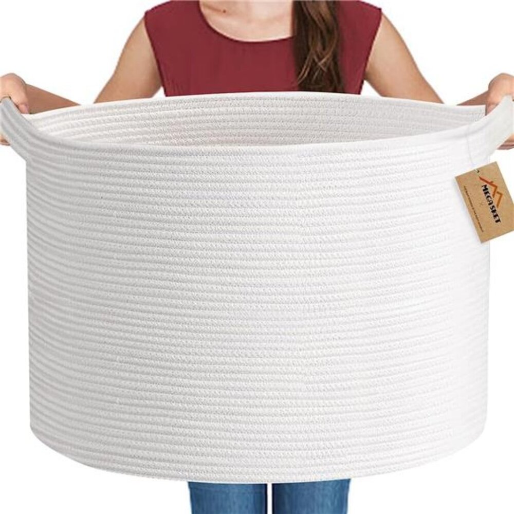 White Rope Storage Baskets,22" X 22" X14" Extra Large Blanket Basket Living Room